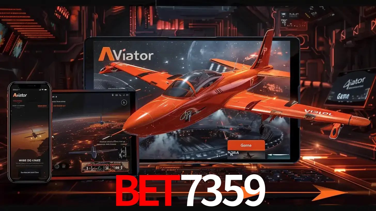 Apresentação tecnológica do jogo Aviator com um avião saindo da tela de um tablet, demonstrando a experiência imersiva em múltiplos dispositivos no BET7359.