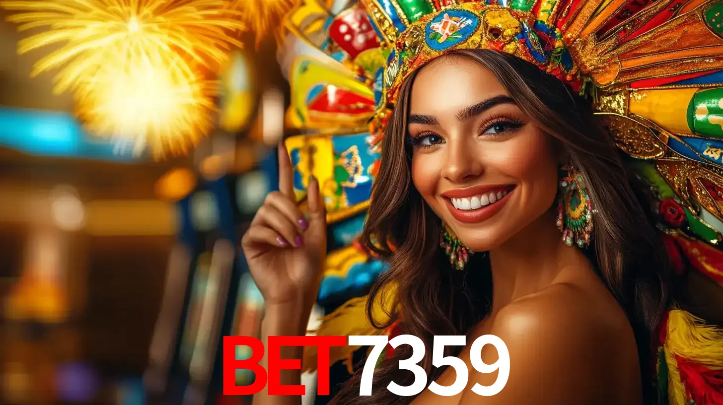 Mulher sorridente com um cocar de carnaval vibrante e colorido, celebrando uma grande vitória nos jogos do cassino BET7359 com fogos de artifício ao fundo.