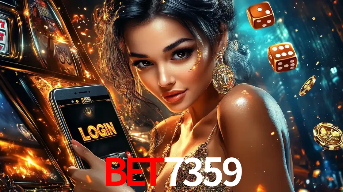 Mulher glamourosa segurando um celular com a tela de login do cassino BET7359, rodeada por dados e moedas douradas, pronta para começar a diversão.