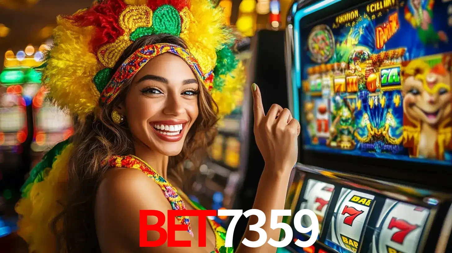 Mulher animada com um cocar de carnaval apontando para uma máquina de caça-níqueis, mostrando a emoção de ganhar um grande prêmio nos jogos do BET7359.