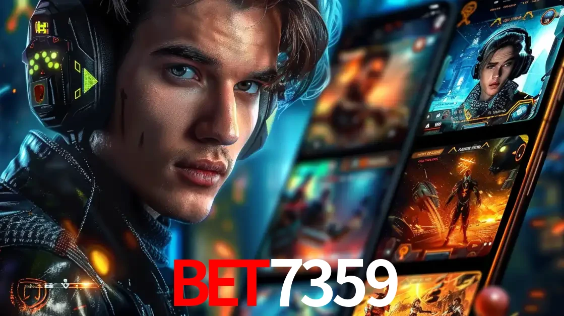 Jovem jogador com fones de ouvido olhando para a câmera, com um aplicativo de jogos e e-sports para celular ao fundo, pronto para a competição e apostas no BET7359.