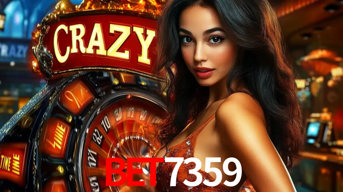 Mulher glamourosa olhando para a câmera com a roda vermelha do Crazy Time ao fundo em um ambiente de cassino, destacando a emoção dos jogos ao vivo no BET7359.