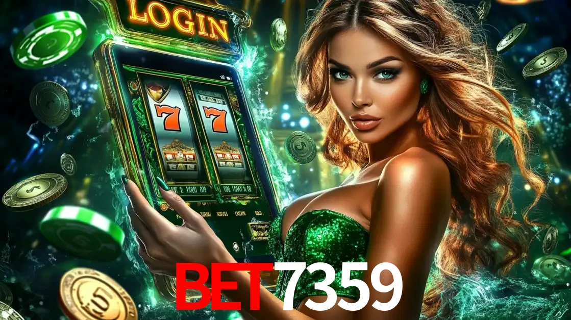 Mulher com tema verde apresentando o aplicativo do cassino BET7359 com um jogo de slot de 777, cercada por fichas de cassino e uma aura de sorte.