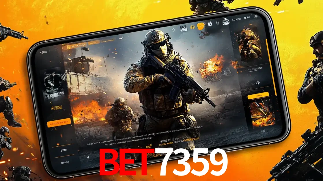 Um smartphone exibindo a interface de um jogo de tiro em primeira pessoa, com um soldado em um cenário de batalha, representando a ação dos e-sports para apostar no BET7359.