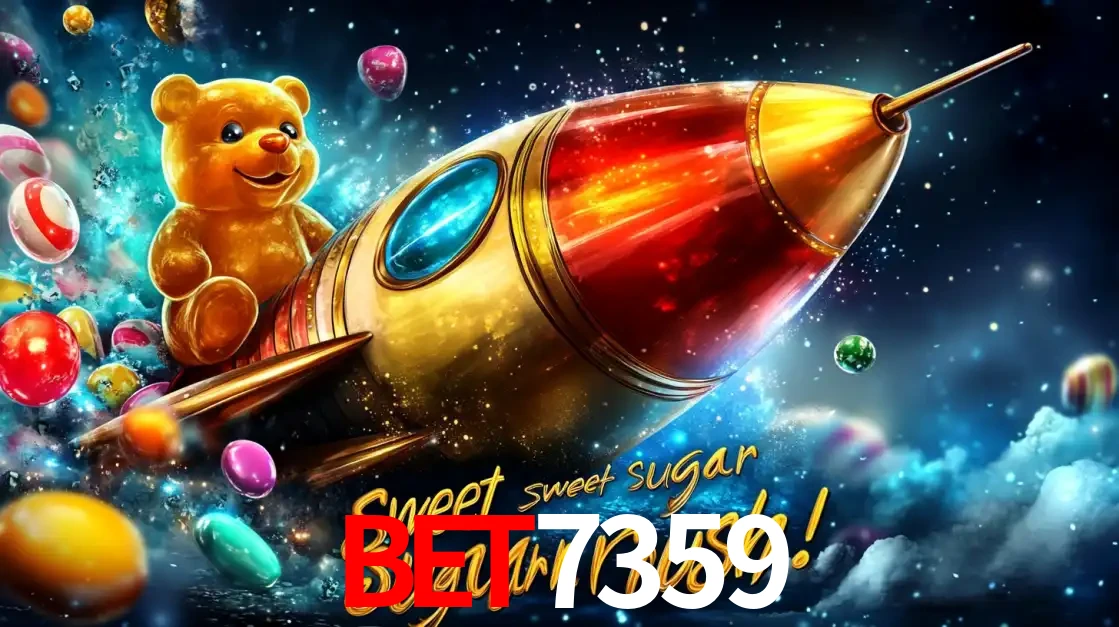 Arte promocional do jogo de slot Sugar Rush, com um urso de pelúcia em um foguete viajando pelo espaço de doces, um dos jogos divertidos disponíveis no cassino BET7359.