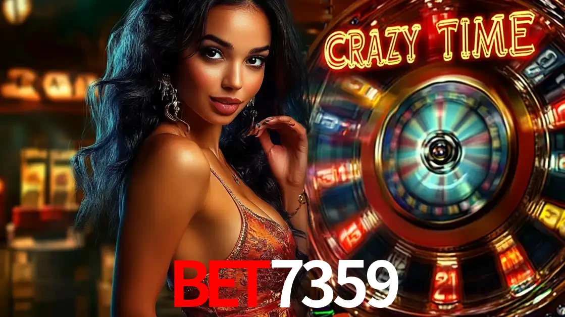 Mulher elegante ao lado da vibrante roda da fortuna do jogo de cassino ao vivo Crazy Time, um dos game shows mais populares e cheios de prêmios do BET7359.