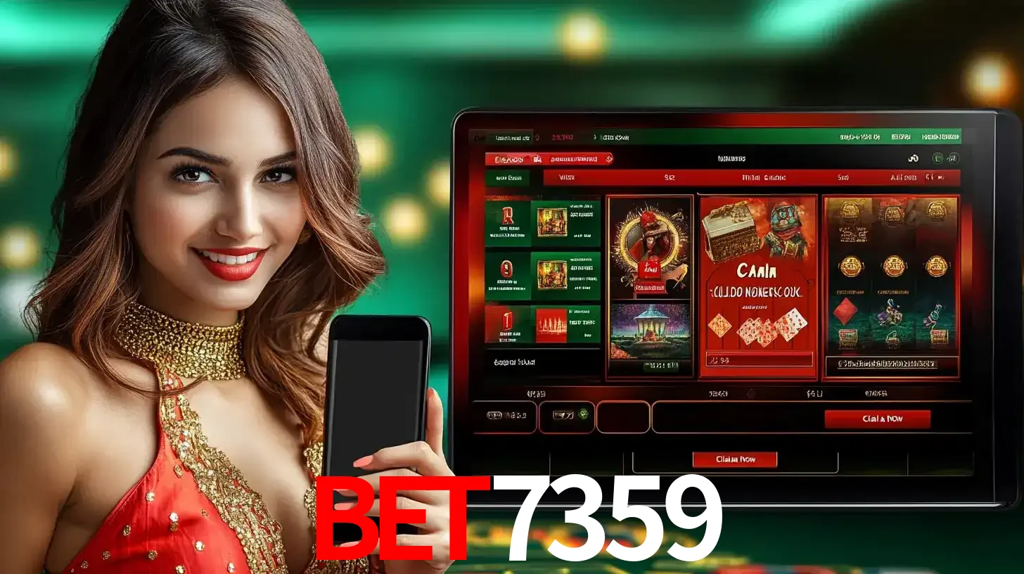 Mulher sorridente segurando um smartphone, ao lado de uma tela exibindo o lobby de jogos do cassino online BET7359, com várias opções de jogos de cartas e slots.
